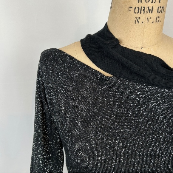 Ramy Brook New York Silver Metallic Shiny Knit Black Tie Neck Sweater - Picture 5 of 10